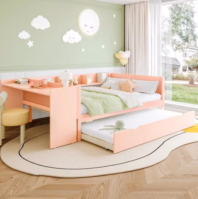 Letto matrimoniale 140x200 cm con scrivania; letto estraibile e 3 ripiani in pino rosa