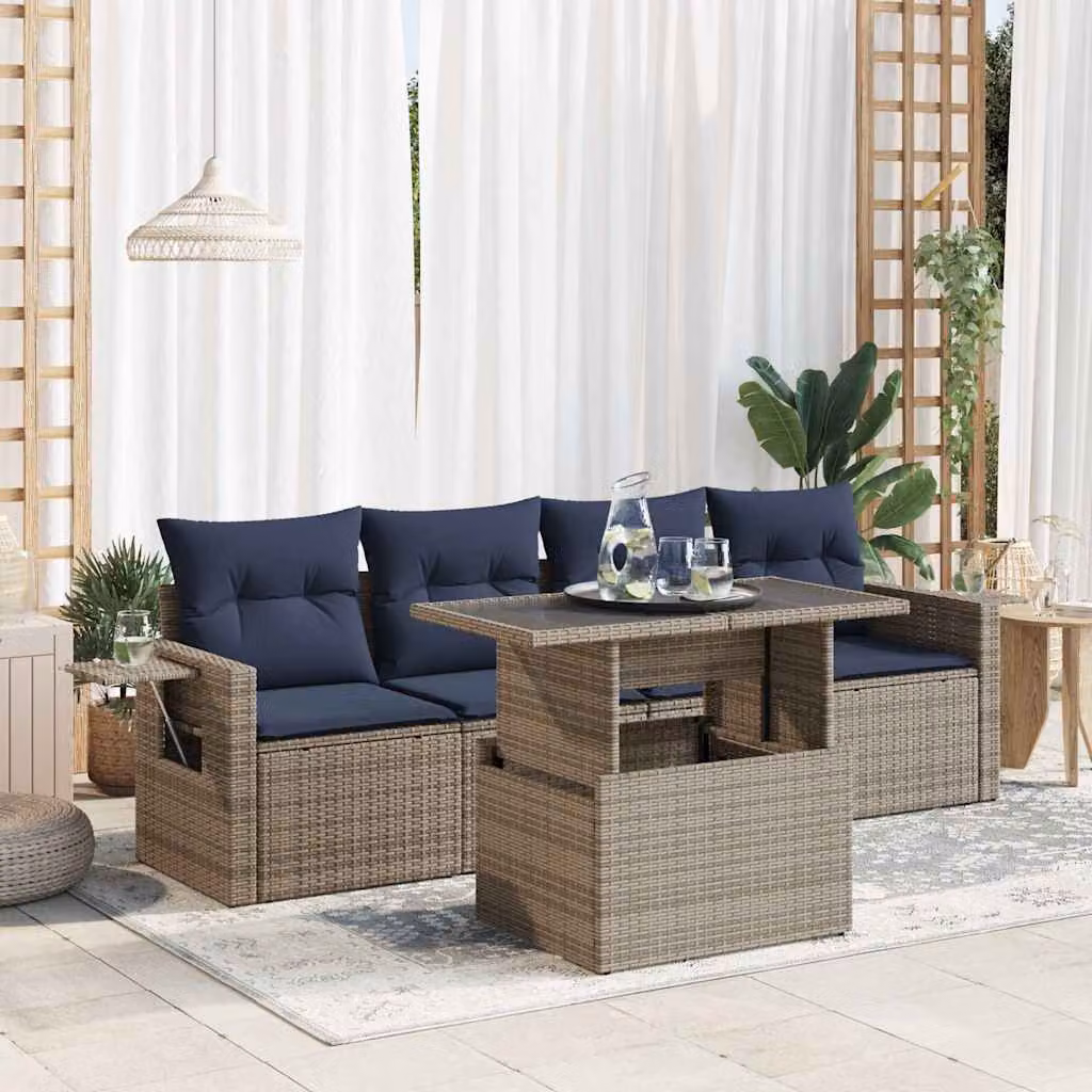 Set da giardino vidaXL composto da 5 pezzi in polyrattan grigio con cuscini e tavolino da esterno