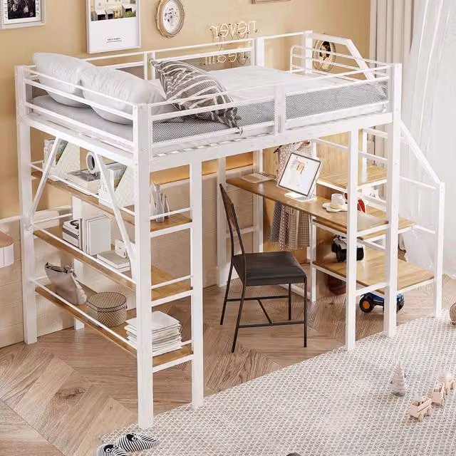 Letto a soppalco 140×200 cm con scrivania, armadio, ripiani e scala contenitore, senza materasso, bianco