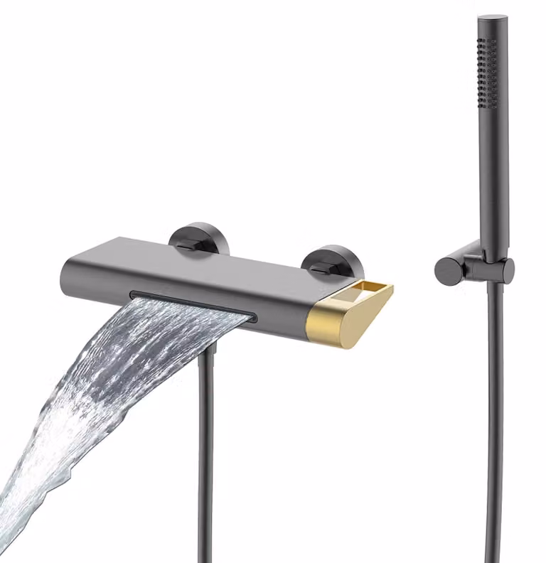 Rubinetto per vasca da bagno a cascata, montaggio a parete, 140 mm, doccetta manuale, ottone