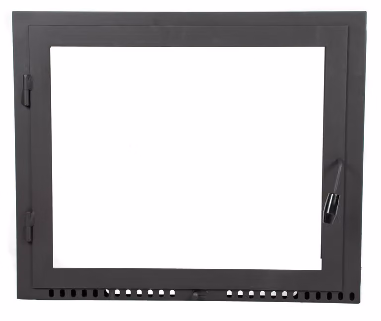 Porta forno per pizza 65x42 cm con vetro resistente al calore, acciaio con flangia e cerniera sinistra, ideale per camino o forno 650×420 mm.
