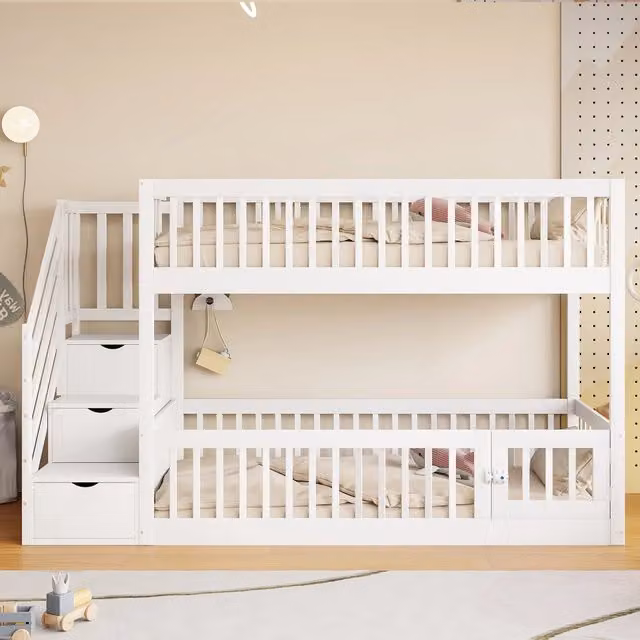 Letto a castello 90×200 cm, letto 2 posti con scala a cassetti, porta inferiore, senza materasso, bianco