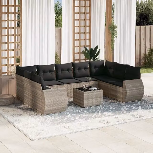 Set Divano Giardino 10 pz con Cuscini Grigio Chiaro Polyrattan 3254149
