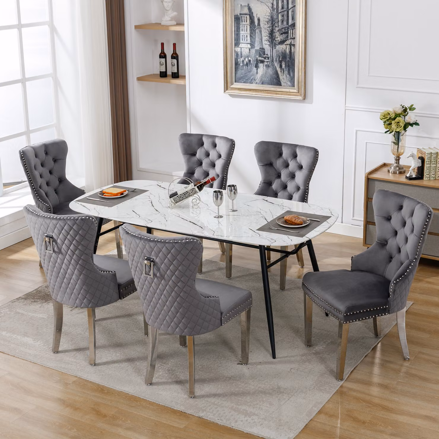Set di 6 sedie da pranzo Flieks, sedie da cucina imbottite con gambe in acciaio inox, sedia da pranzo con rivestimento in velluto, grigio