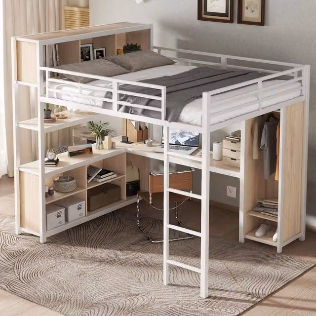 Letto a soppalco matrimoniale 140 × 200 cm con scrivania, armadio e ripiani, senza materasso, bianco naturale