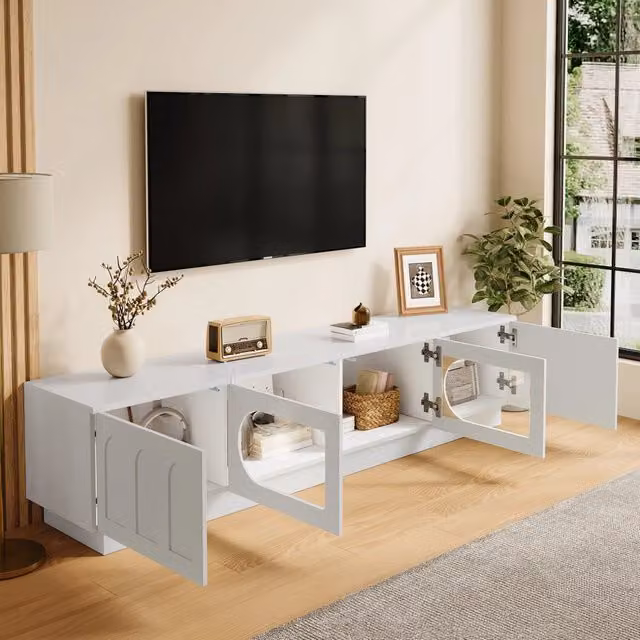 Mobile TV con 4 ante; vetrine in vetro ovale; LED regolabile tramite app e passacavi; bianco; 200 × 40 × 42 cm