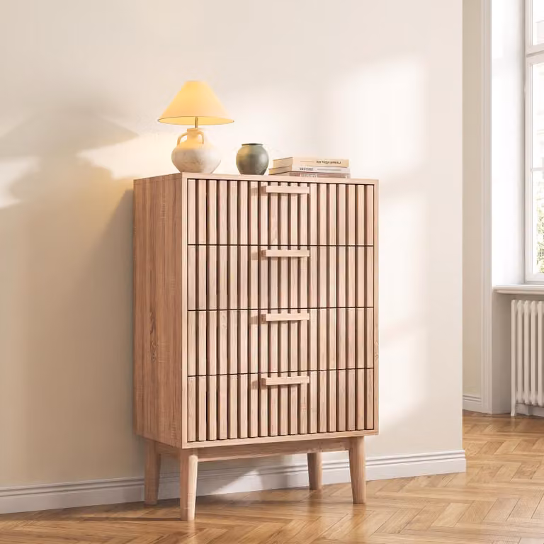 Comodino INONEFT da 60 cm con 4 cassetti, mobile contenitore per soggiorno e corridoio, con maniglie in legno e struttura in legno massello