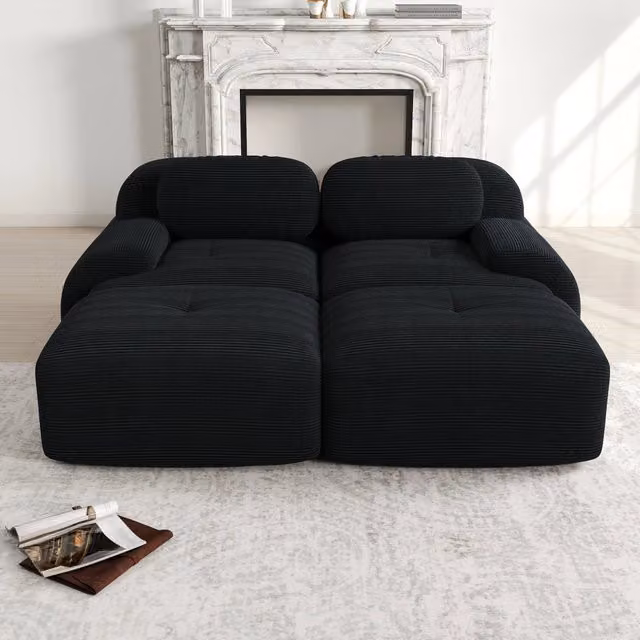 Divano 2 Posti con Chaise Longue in Velluto a Coste ¨C MINIMAL ¨C Nero, Braccioli Ergonomici, Modulare