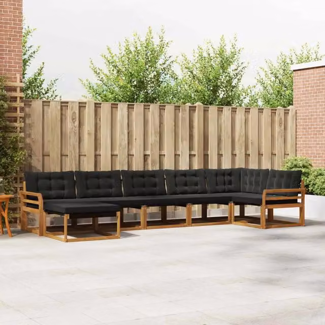 Set di divani da esterno a L vidaXL composto da 7 pezzi in legno di acacia con cuscini rimovibili, colori marrone e nero