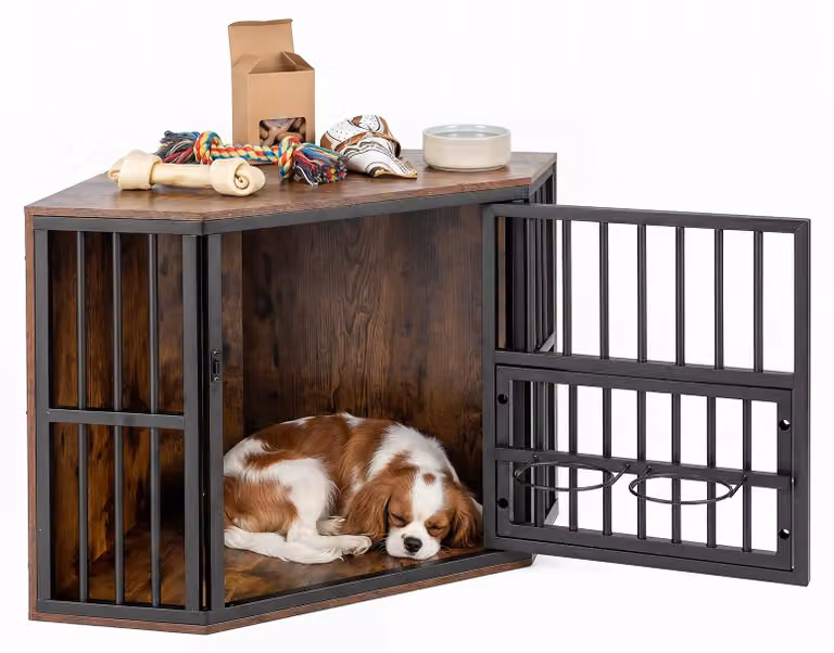 COSTWAY, gabbia per cani 2 in 1, cuccia angolare per cani con porta chiudibile, griglie in metallo e ripiano per ciotola regolabile in altezza, rifugio per cani, mobili decorativi per cani, legno