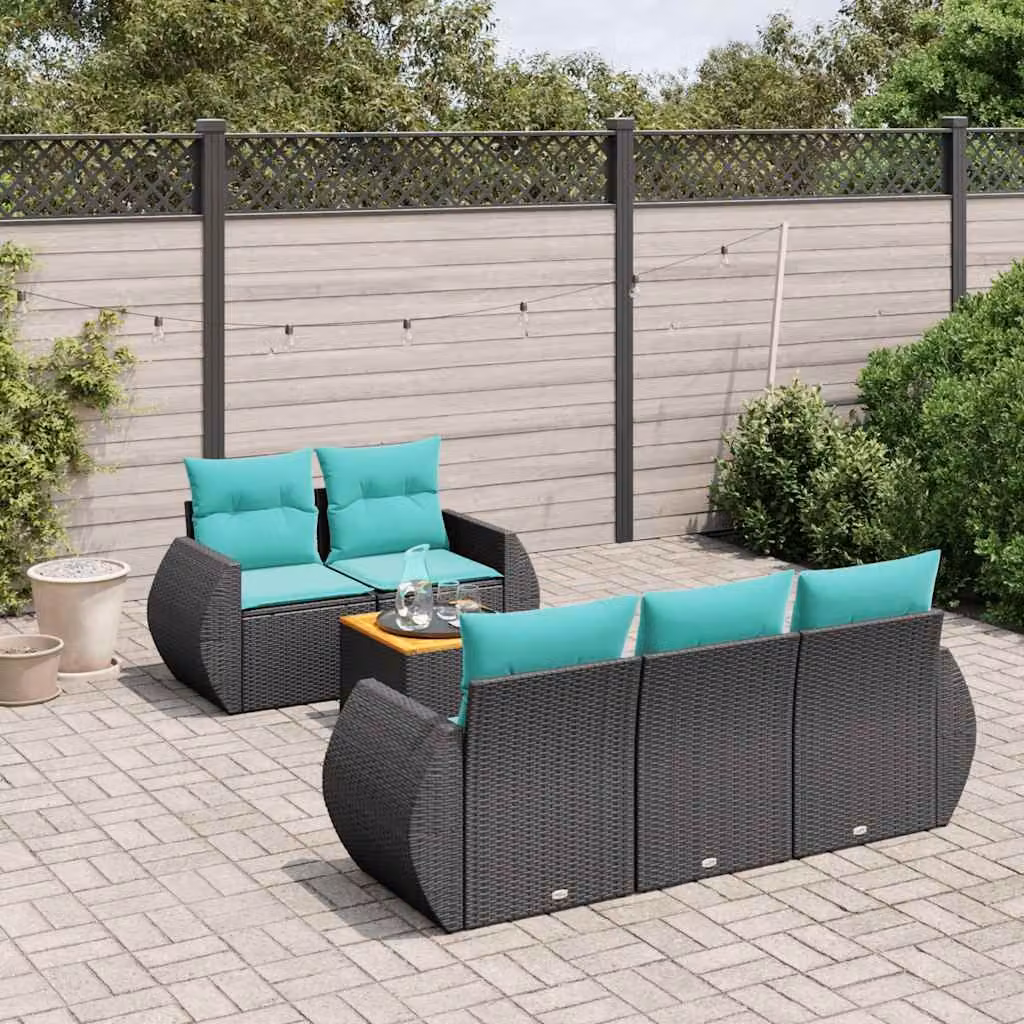 Set Divani da Giardino vidaXL 6 Pezzi in Polyrattan Nero con Cuscini e Tavolino da Esterno a Forma di L