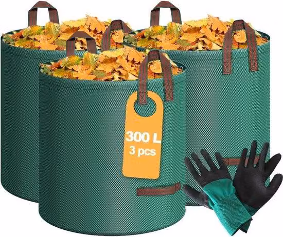 3 sacchi da giardino resistenti da 300 litri, riutilizzabili, per la falciatura del prato e i lavori di giardinaggio