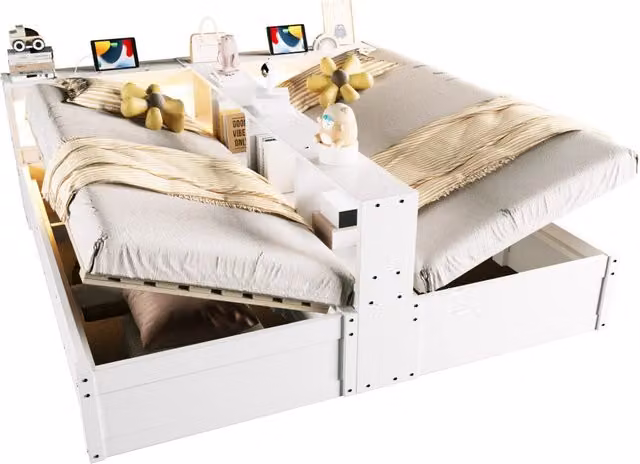 Letto modulare 90/180x200 cm con contenitore idraulico; LED e prese integrate; bianco
