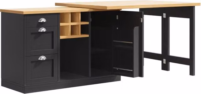 Tavolo Bar Multifunzionale con Ripiani, Isola Cucina Estendibile con Cantinetta e Cassetto, Piano Girevole 360°, Nero