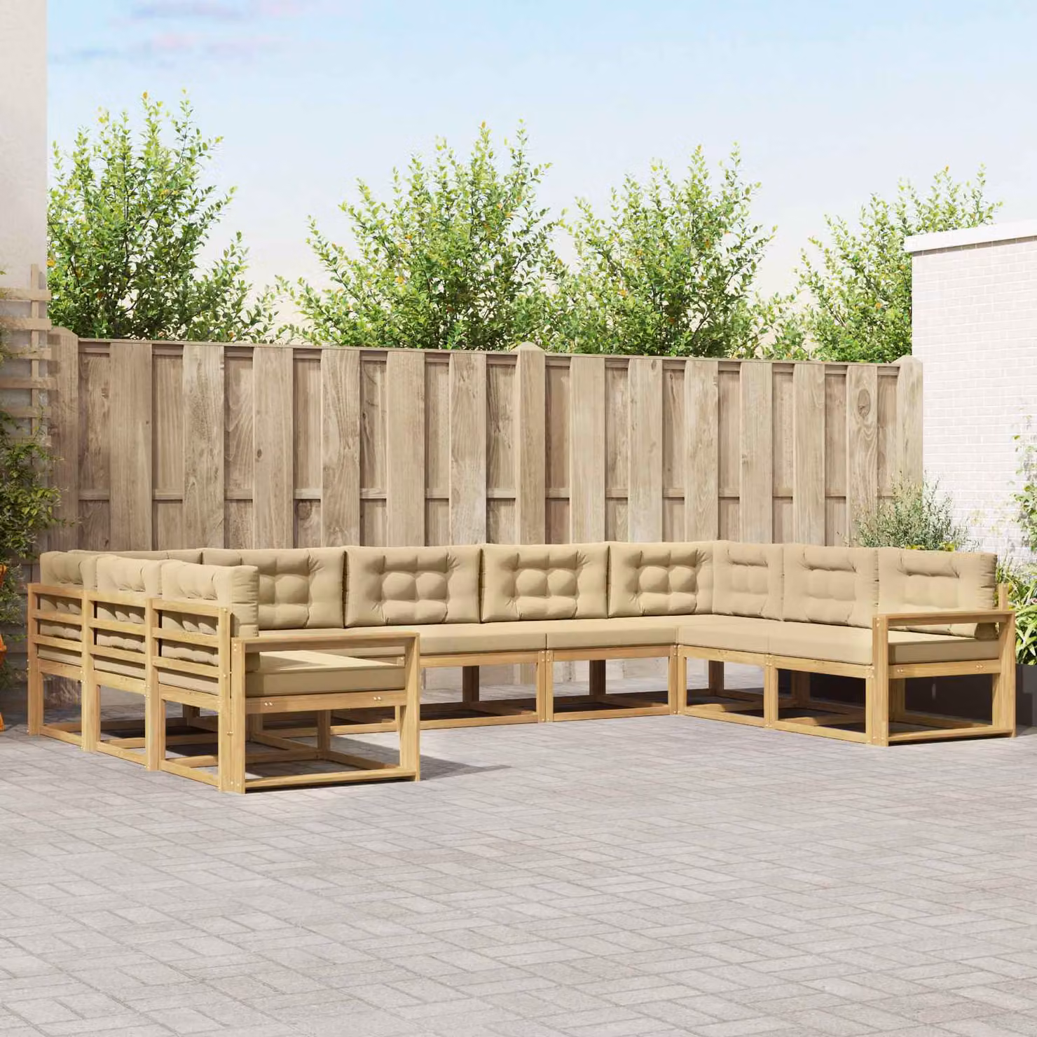 Set di divani da esterno a forma di U vidaXL in legno di acacia con cuscini, Bianco e Beige