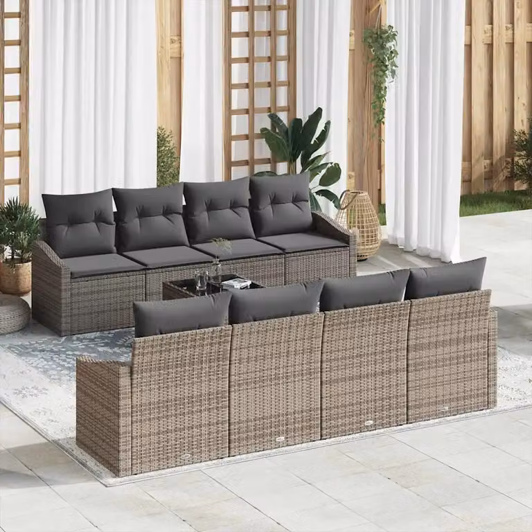Set di divani da giardino vidaXL in rattan grigio con cuscini e tavolino da esterno in vetro e metallo, 9 pezzi