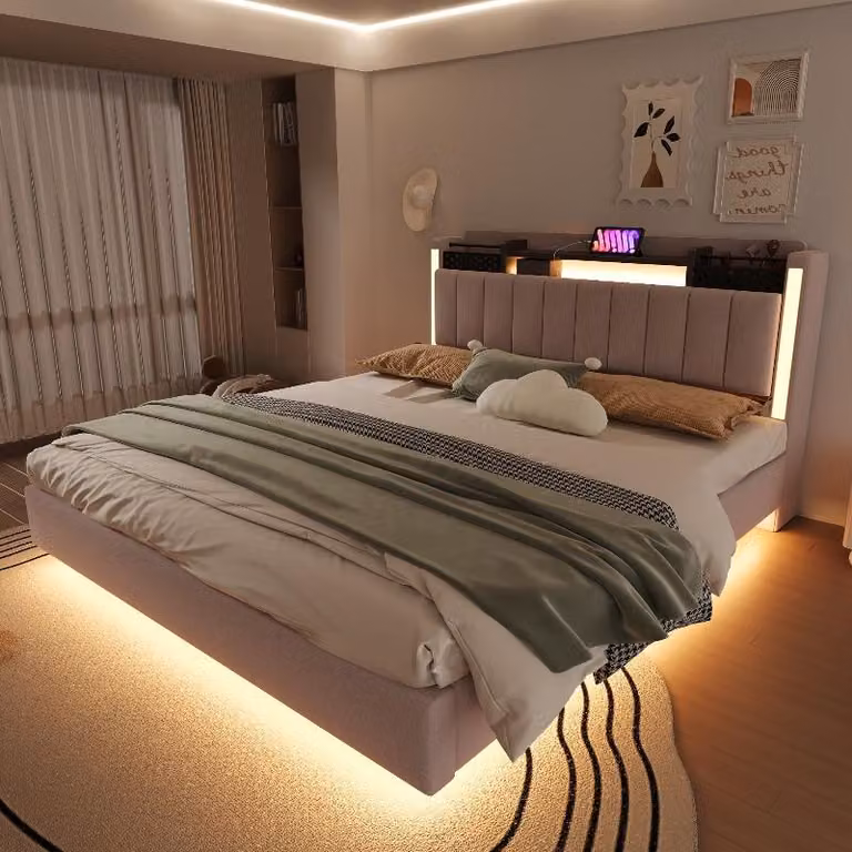 Letto imbottito 160x200 cm con illuminazione a LED, presa USB e testiera con spazio contenitore, rivestito in lino color beige, design sospeso per la camera da letto