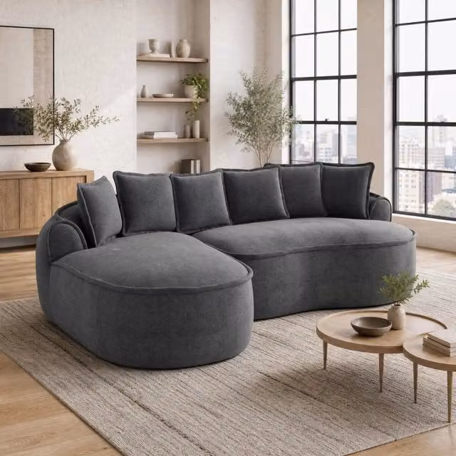 Divano letto modulare 252x164 cm in ciniglia con chaise longue e cuscini; grigio