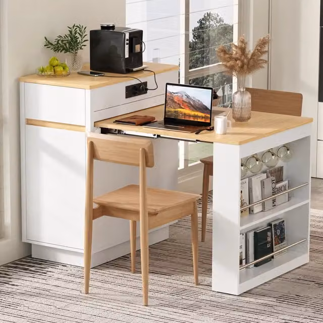 Tavolo da pranzo allungabile con 4 cassetti, ripiani regolabili, LED e prese USB per cucina e sala da pranzo, bianco