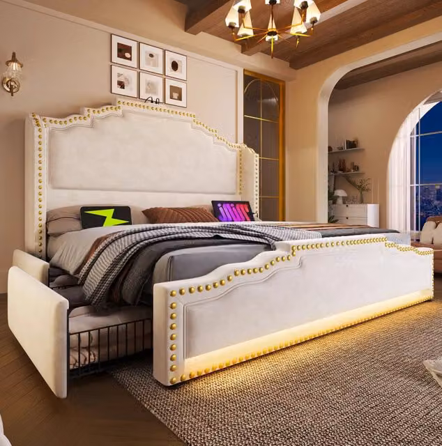Letto 180x200 cm con 4 cassetti, LED e USB-C, rivestito in velluto beige
