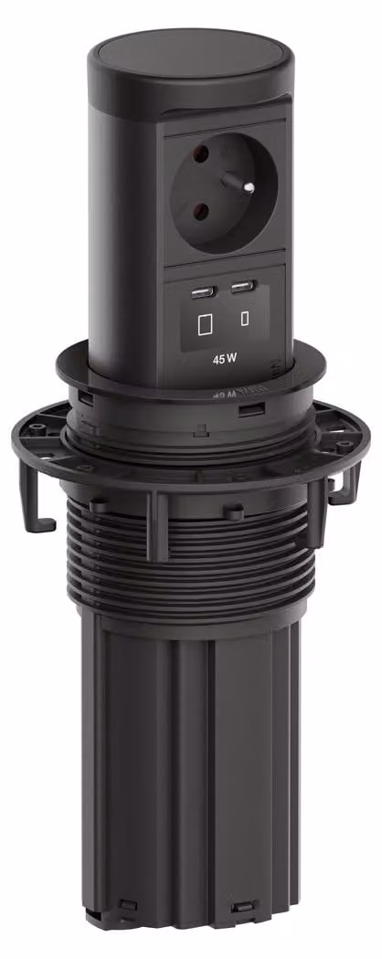 BACHMANN ELEVATOR2: 1 presa UTE, 1 porta USB-C con ricarica rapida (45W), colore RAL9005, lunghezza cavo 2,0 metri, modello AEH