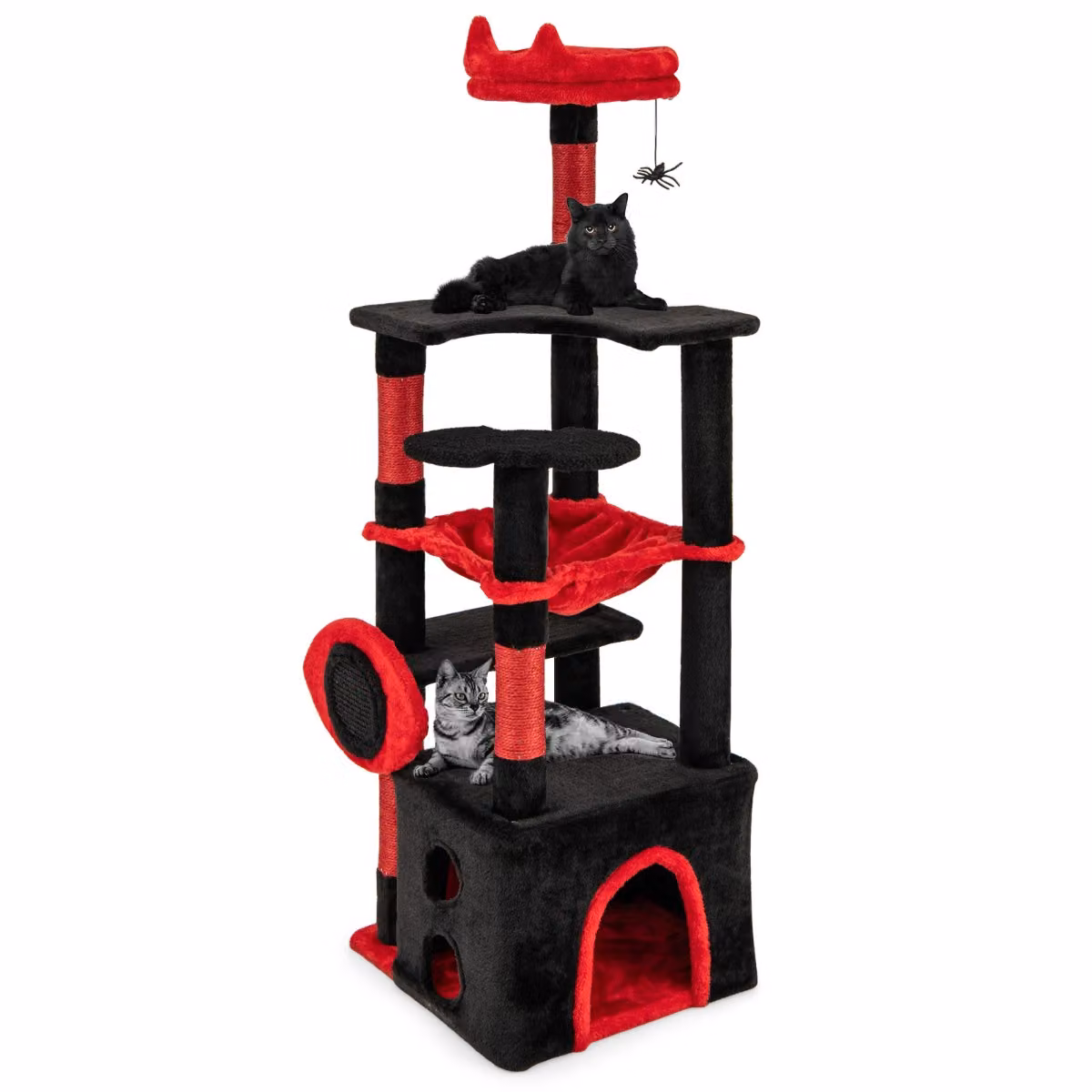 Albero per gatti gotico Costway con torre multi-livello, amaca, giocattoli integrati e pannelli graffio in velluto, nero e rosso