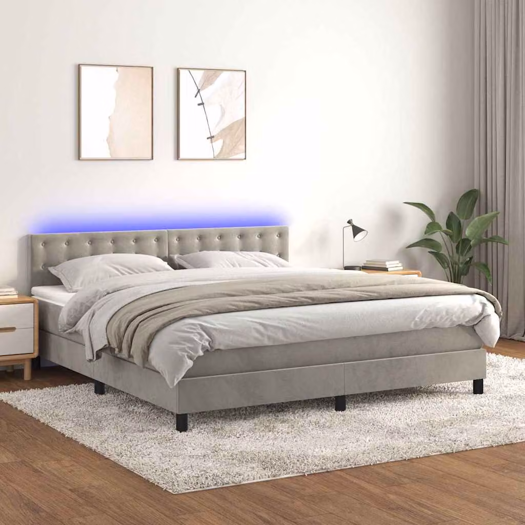 Letto a Molle con Materasso Ibrido vidaXL in Velluto Grigio Chiaro con Illuminazione LED e Porte USB L/P/H: 180 x 200 cm – 1