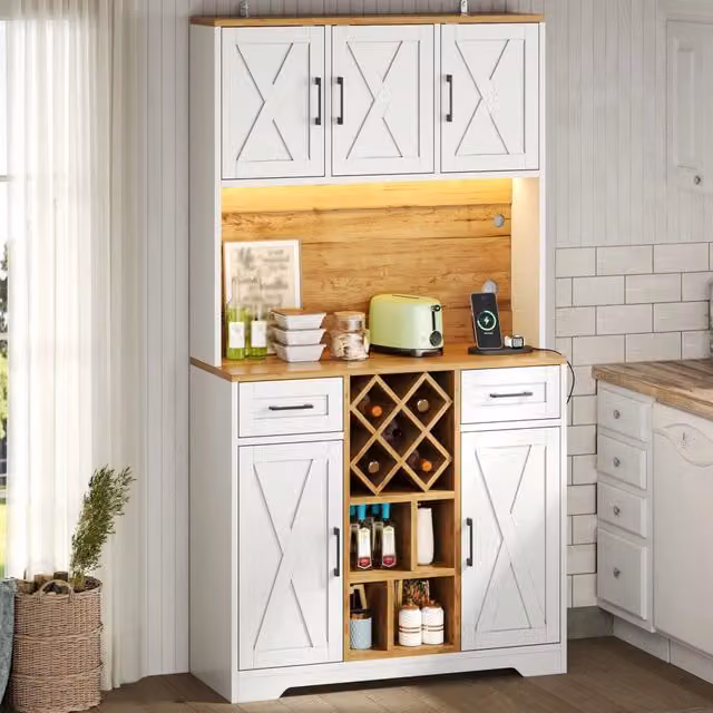 Mobile colonna da cucina con 2 cassetti portabottiglie estraibile LED RGB e prese in MDF naturale bianco 105 × 40 × 180 cm