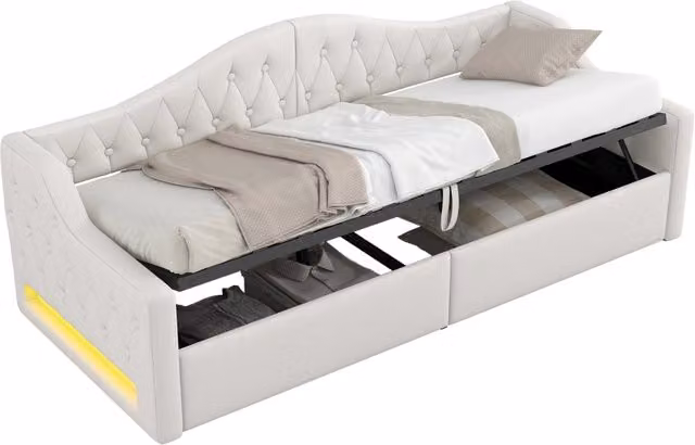 Letto singolo imbottito Chicfurn con contenitore e illuminazione LED beige L/P: 90 x 200 cm