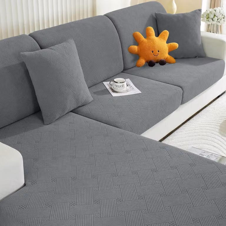 Copertura elastica per cuscini del divano, colore grigio chiaro, adatta a divani a 1, 2 o 3 posti e a divani con chaise longue. Design geometrico, antiscivolo, protezione a 360°