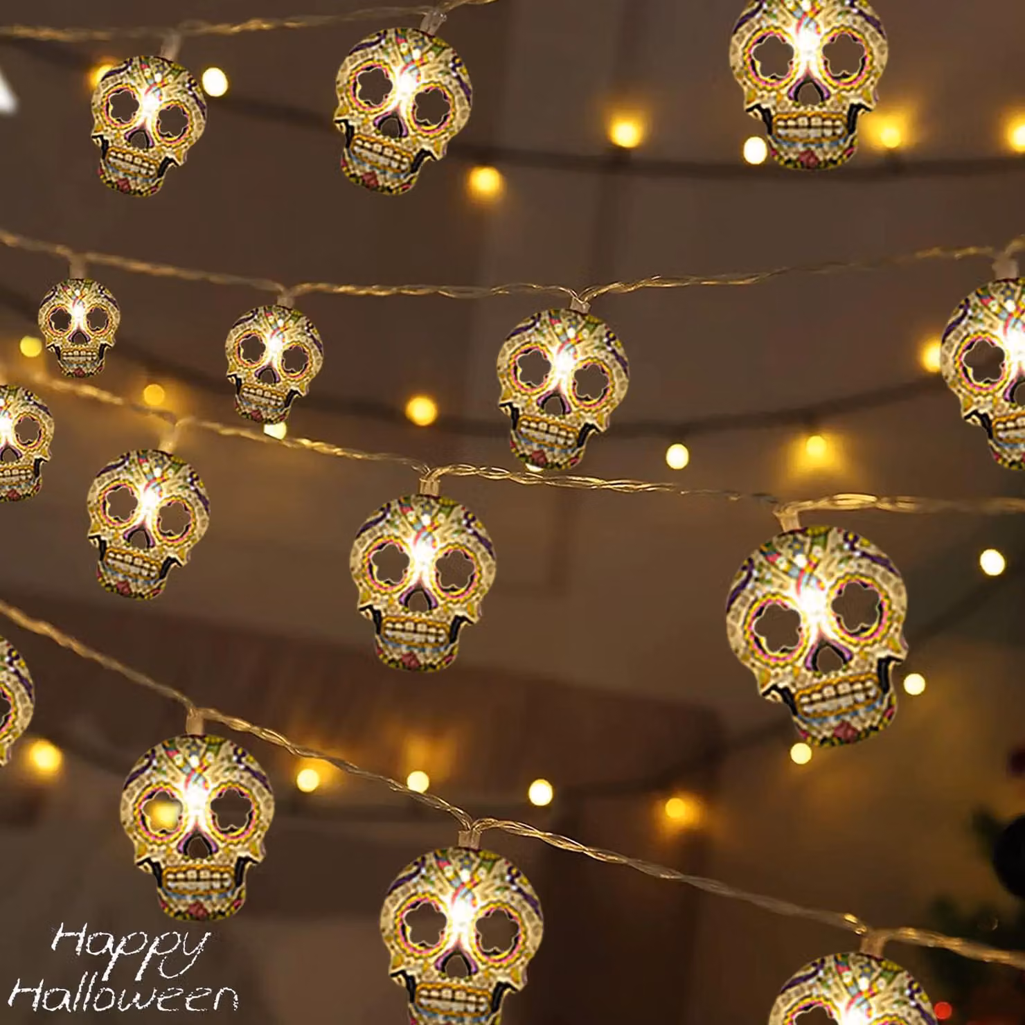 Catena luminosa a tema Halloween, 3 metri, 20 LED, motivo teschio, alimentata a batteria