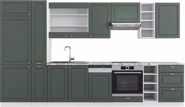 Cucina componibile Fame-Line Vicco in stile country house, colore verde oro rustico e bianco, larghezza: 355 cm, senza piano di lavoro – 1