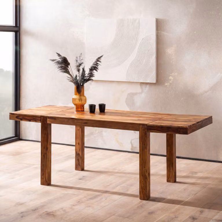 FineBuy Tavolo da pranzo allungabile 120 - 200 cm in legno massello di sheesham - Tavolo da pranzo massiccio con prolunghe - Tavolo in legno - Tavolo da cucina allungabile