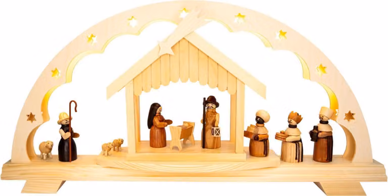 Arco luminoso a LED per la Vigilia di Natale con stalla, figure e illuminazione elettrica LxHxP 51x24x6cm NUOVO