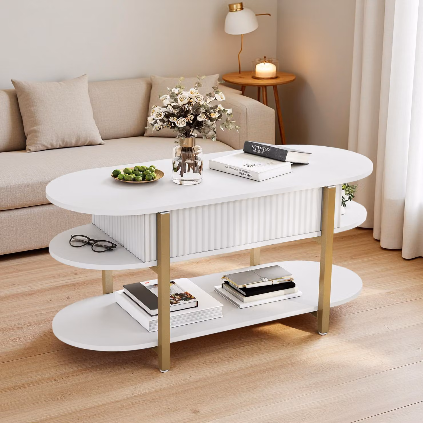 Tavolino ovale INONEFT, tavolino da salotto regolabile in altezza con spazio aperto e vano contenitore nascosto, tavolino per divano, ideale per soggiorno e camera da letto, colore bianco