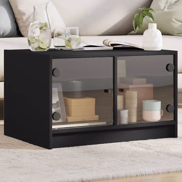 vidaXL Tavolino da Salotto Moderno Nero con Ante in Vetro L: 68 cm, P: 50 cm, H: 42 cm