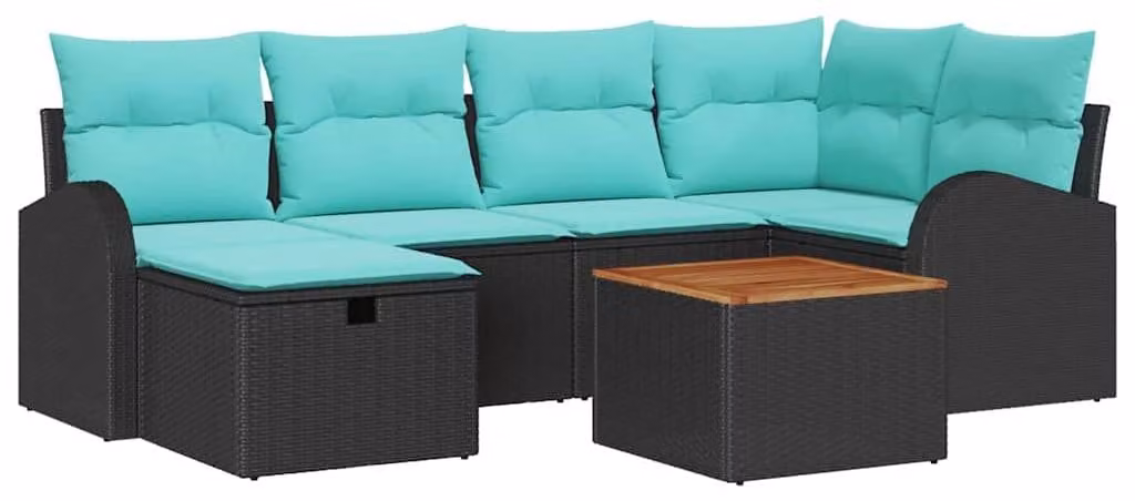 Set da giardino composto da 7 pezzi, colore nero, realizzato in rattan sintetico