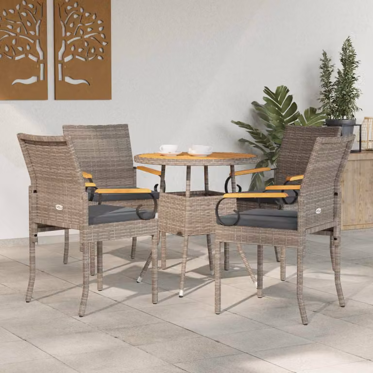 Set di 4 sedie da giardino vidaXL in legno di acacia oliato e polyrattan con cuscini inclusi, colore grigio, resistenti ai raggi UV e alle intemperie