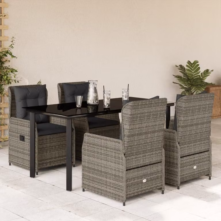 Set da Pranzo da Giardino vidaXL in Polyrattan Grigio e Nero con Cuscini e Tavolo in Vetro, 5 Pezzi