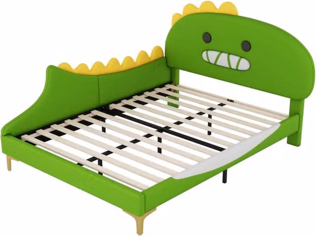 Letto per bambini 140x200 cm con design dinosauro, struttura in PU e MDF, colore verde