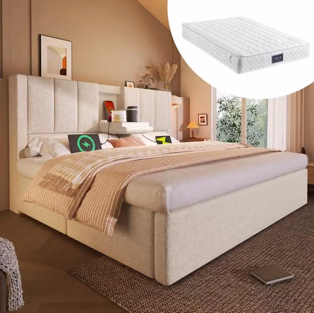 Letto matrimoniale imbottito 160x200 cm con porta bicchieri nascosto, stazione di ricarica USB e contenitore idraulico, beige con rete a doghe e materasso incluso