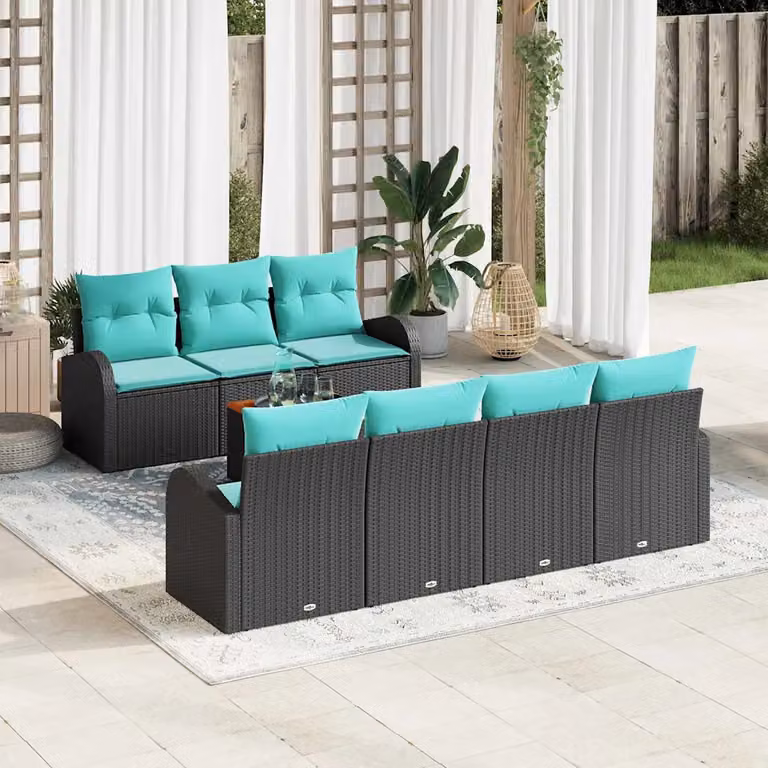 Set Divano da Giardino vidaXL 8 Pezzi a Forma di L con Tavolino, Polyrattan e Cuscini, Nero e Turchese