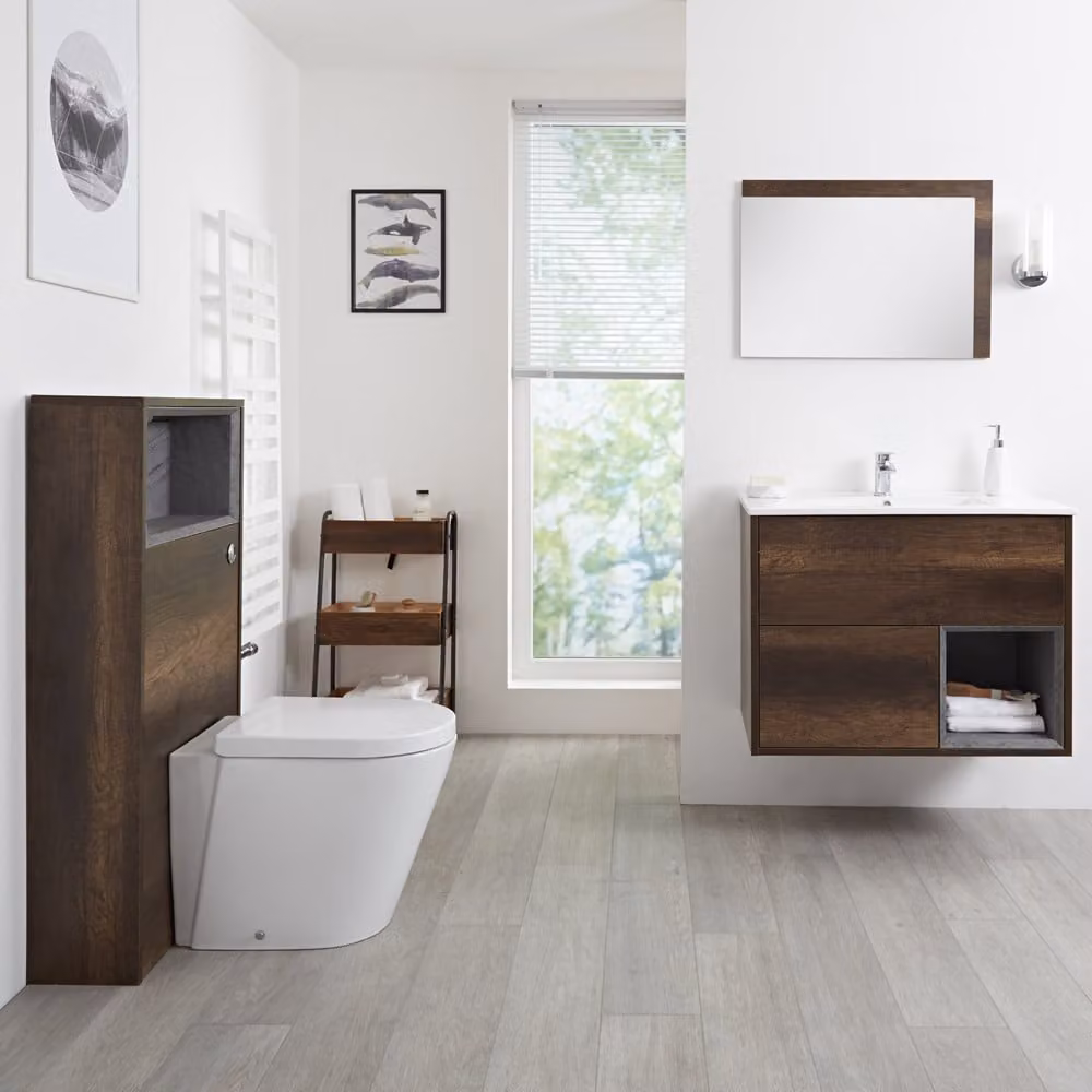 Mobile Bagno Sospeso da 800mm in Rovere Scuro con Lavabo Integrato, Mobile WC e Sanitario - Senza LED - Hoxton