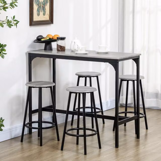 Set Tavolo da Bar 5 Pezzi con 4 Sgabelli in Metallo Grigio, Design Industriale, per Cucina e Sala da Pranzo