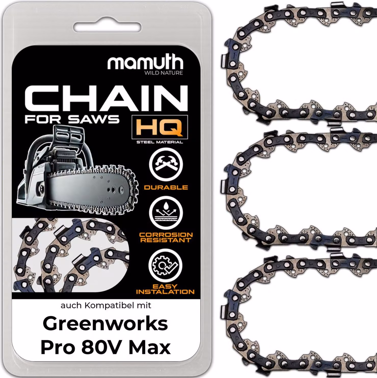 3 catene da 45 cm 1,3 mm 3/8" 62TG per motosega a batteria Greenworks Pro 80V Max