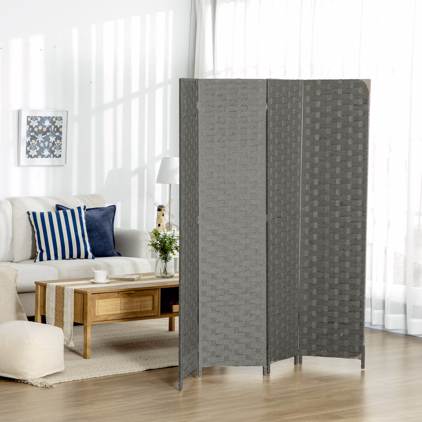 Paravent interno HOMCOM in legno a 4 pannelli con design geometrico e finitura rustica grigia, L: 159,5 cm, H: 169,5 cm, P: 1,6 cm – 2