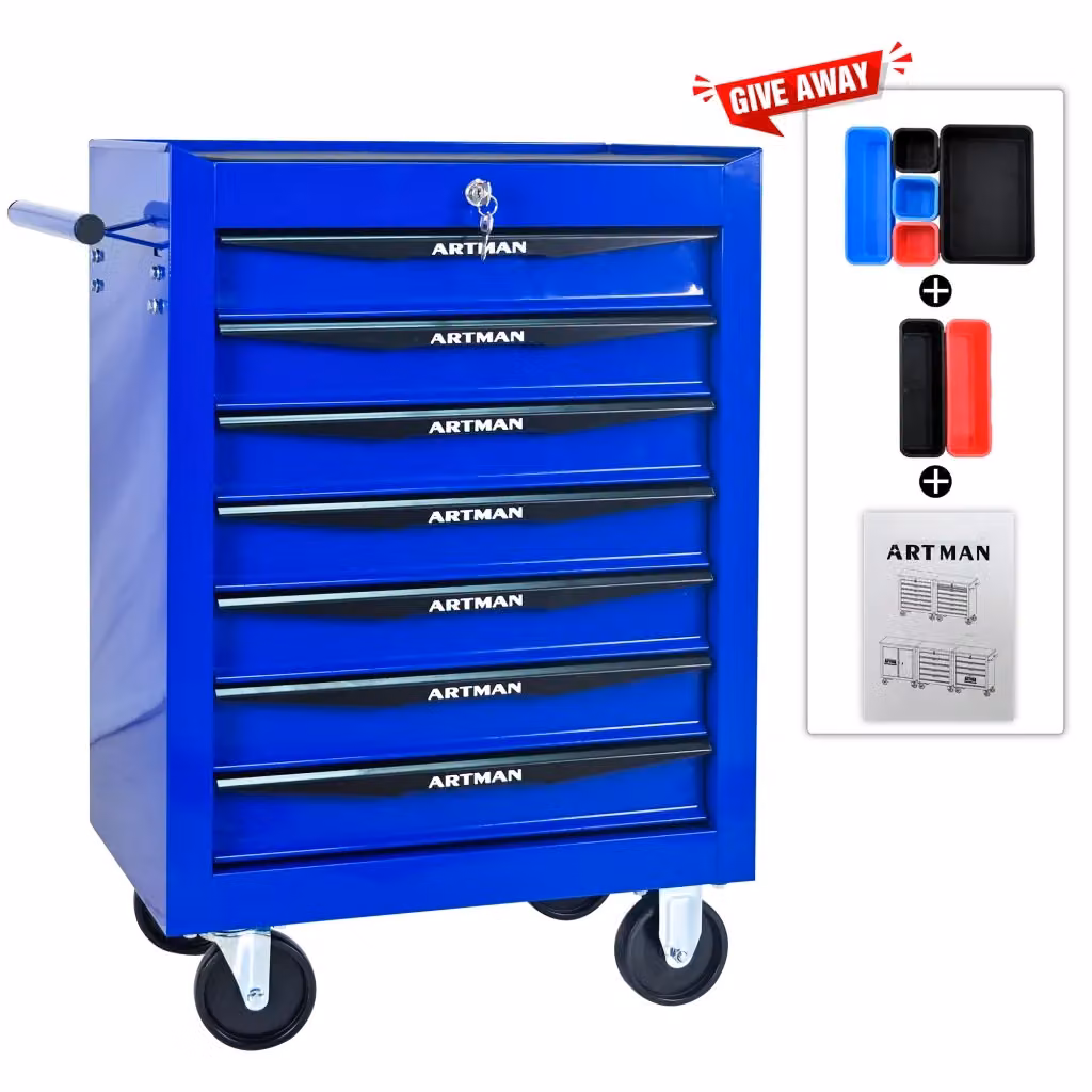 Mobiletto portautensili Weimin in acciaio con 7 cassetti e piano di lavoro, blu o nero, L: 50,8 cm – 2