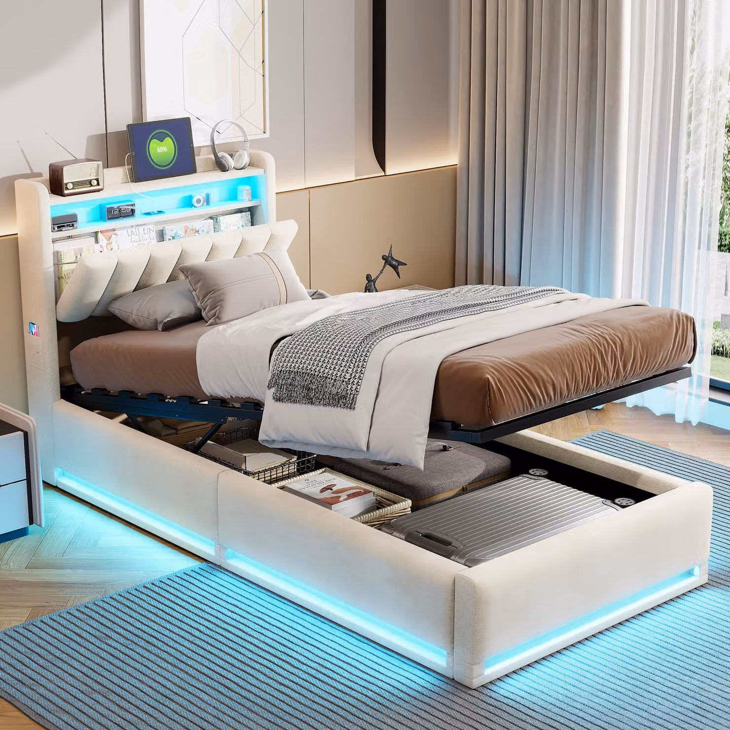 Letto imbottito 90x200 cm con sistema RGB, testiera con vano portaoggetti e porta USB Type-C, struttura del letto con rete a doghe, elevata capacità di carico fino a 500 kg, color beige, senza materasso