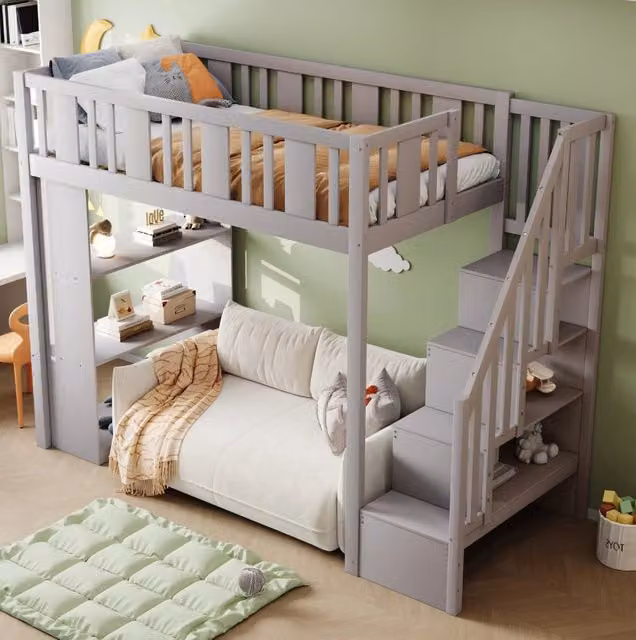 Letto a soppalco 90x200 cm grigio con scala contenitore e 3 vani