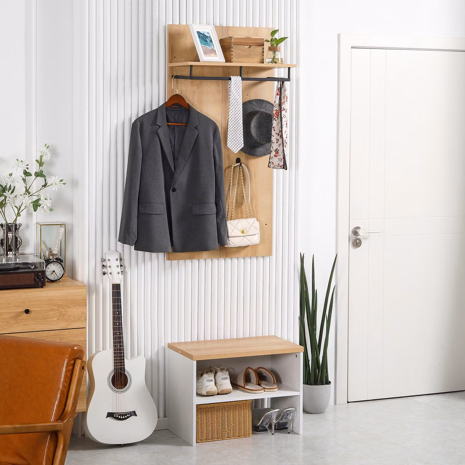 Mobile da ingresso HOMCOM con panca, scarpiera e 4 ganci, bianco, L 60 x P 28 x H 120 cm – 2